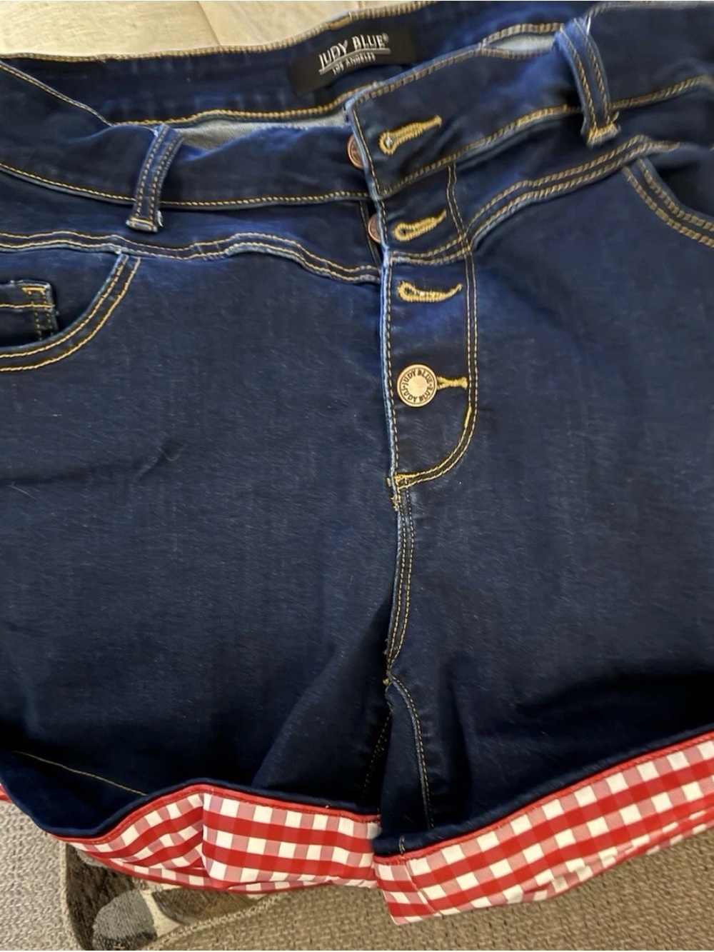 Judy Blue Dark Indigo High-Rise Button-Fly Jean Shorts with Red Gingham Cuff